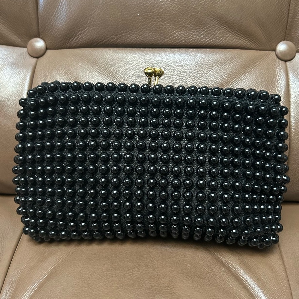 Vintage Grandee Bead Purse Bag with Kiss Lock Black 1940's